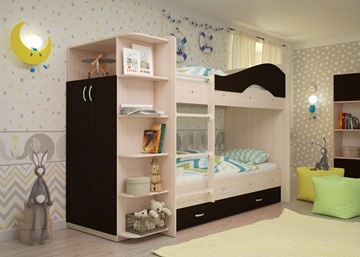 Детская двухъярусная кровать Мая на щитах со шкафом и ящиками, корпус Млечный дуб, фасад Венге в Сыктывкаре