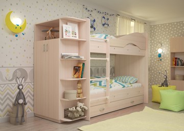 Детская двухэтажная кровать Мая на щитах со шкафом и ящиками, цвет Млечный дуб в Сыктывкаре