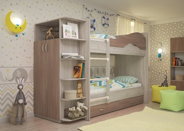 Детская 2-ярусная кровать Мая на щитах со шкафом и ящиками, корпус Шимо светлый, фасад Шимо темный в Сыктывкаре