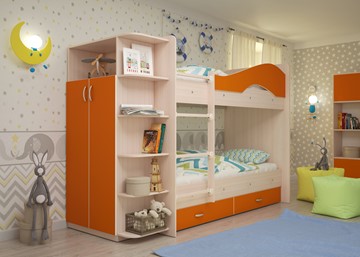 Двухэтажная кровать Мая на щитах со шкафом и ящиками, корпус Млечный дуб, фасад Оранжевый в Сыктывкаре