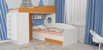 Детская кровать-шкаф Кадет-2 с металлической лестницей, корпус Белое дерево, фасад Оранжевый в Сыктывкаре