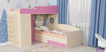 Кровать-чердак в детскую Кадет-2 с металлической лестницей, корпус Дуб, фасад Розовый в Сыктывкаре