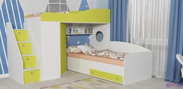 Детская кровать-шкаф Кадет-2 с универсальной лестницей, корпус Белое дерево, фасад Лайм в Сыктывкаре