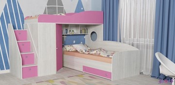 Детская кровать-чердак Кадет-2 с универсальной лестницей, корпус Винтерберг, фасад Розовый в Сыктывкаре