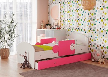 Кровать детская с ящиком и бортиками Мозайка, корпус Белый/фасад Розовый (ламели) в Сыктывкаре