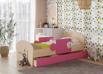 Детская кровать с ящиком и бортиками Мозайка, корпус Млечный дуб/фасад Розовый (щиты) в Сыктывкаре
