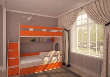 Детская двухэтажная кровать Ярофф Юниор-1 с бортом, каркас Дуб, фасад Оранжевый в Сыктывкаре