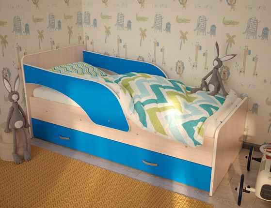 Кровать с ящиками Максимка, корпус Млечный дуб, фасад Синий в Сыктывкаре - изображение