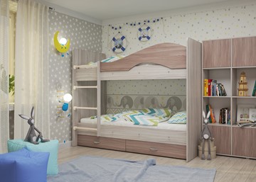 Двухэтажная детская кровать Мая с 2 ящиками на щитах, корпус Шимо светлый, фасад Шимо темный в Сыктывкаре - предосмотр