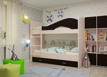 Детская  двухъярусная кровать Мая с 2 ящиками на щитах, корпус Млечный дуб, фасад Венге в Сыктывкаре - предосмотр 1