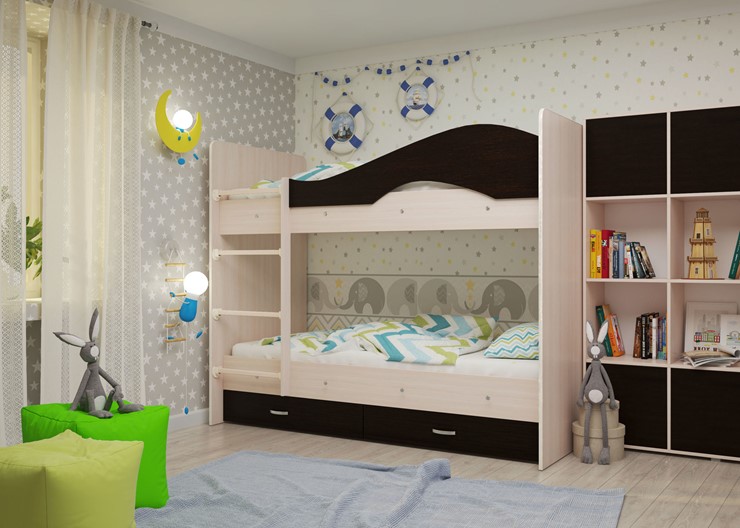 Детская  двухъярусная кровать Мая с 2 ящиками на щитах, корпус Млечный дуб, фасад Венге в Сыктывкаре - изображение 1
