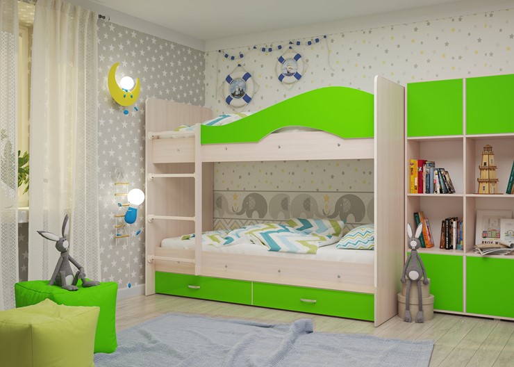 Детская 2-этажная кровать Мая на щитах, корпус Млечный дуб, фасад Салатовый в Сыктывкаре - изображение 2