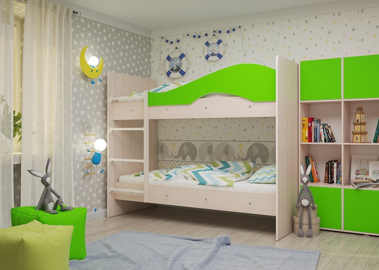 Детская 2-этажная кровать Мая на щитах, корпус Млечный дуб, фасад Салатовый в Сыктывкаре - изображение 1