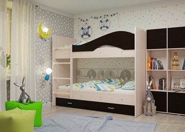 Детская двухъярусная кровать Мая на щитах со шкафом и ящиками, корпус Млечный дуб, фасад Венге в Сыктывкаре - предосмотр 1