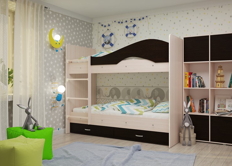 Детская двухъярусная кровать Мая на щитах со шкафом и ящиками, корпус Млечный дуб, фасад Венге в Сыктывкаре - изображение 1