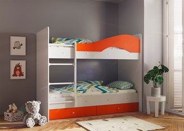 Детская 2-этажная кровать Мая с 2 ящиками на щитах, корпус Млечный дуб, фасад Оранжевый в Сыктывкаре - предосмотр
