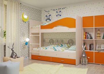 Детская 2-этажная кровать Мая с 2 ящиками на щитах, корпус Млечный дуб, фасад Оранжевый в Сыктывкаре - предосмотр 3