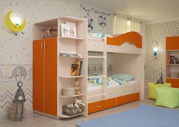 Детская 2-этажная кровать Мая с 2 ящиками на щитах, корпус Млечный дуб, фасад Оранжевый в Сыктывкаре - предосмотр 1