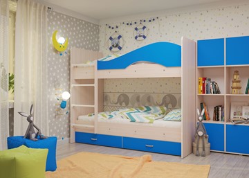 Детская двухэтажная кровать Мая с 2 ящиками на щитах, корпус Млечный дуб, фасад Синий в Сыктывкаре - предосмотр 3