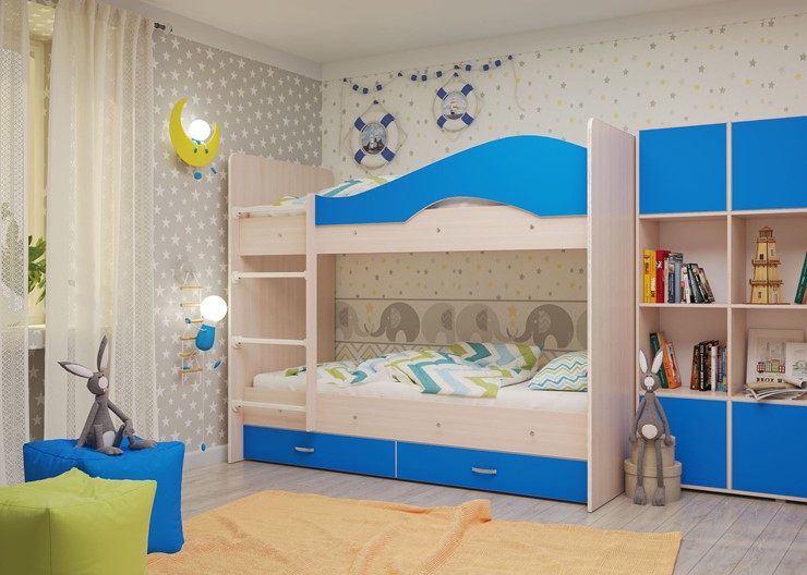 Детская двухэтажная кровать Мая с 2 ящиками на щитах, корпус Млечный дуб, фасад Синий в Сыктывкаре - изображение 3