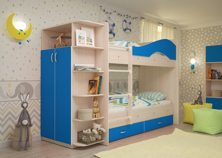 Детская двухэтажная кровать Мая с 2 ящиками на щитах, корпус Млечный дуб, фасад Синий в Сыктывкаре - изображение 1