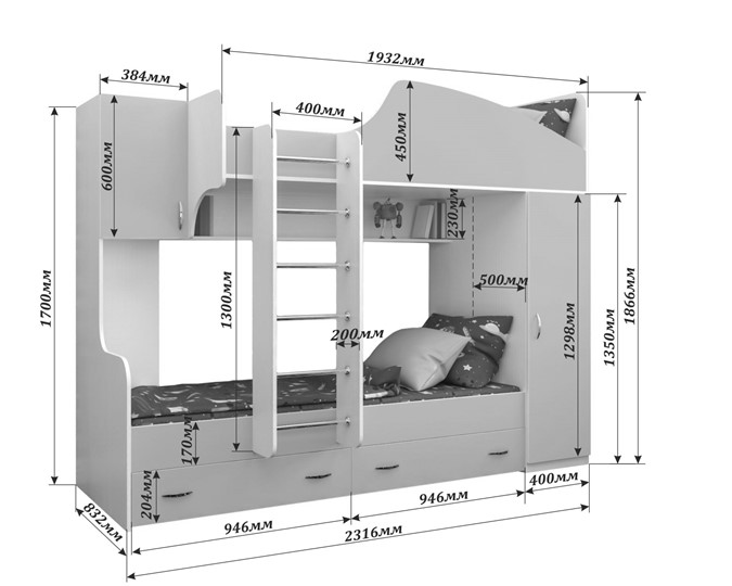 Двухэтажная кровать Юниор-2, каркас Белое дерево, фасад Лайм в Сыктывкаре - изображение 1
