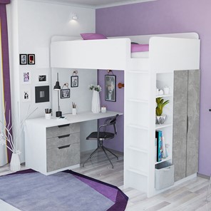 Детская кровать с письменным столом и шкафом POLINI Kids Simple Белый / Бетон в Сыктывкаре - предосмотр 1