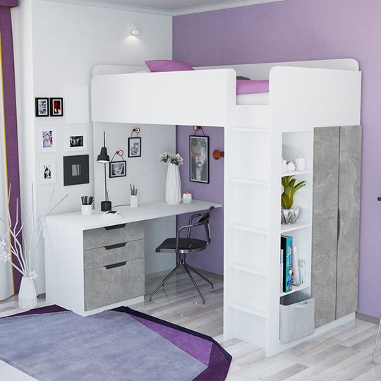 Детская кровать с письменным столом и шкафом POLINI Kids Simple Белый / Бетон в Сыктывкаре - изображение 1