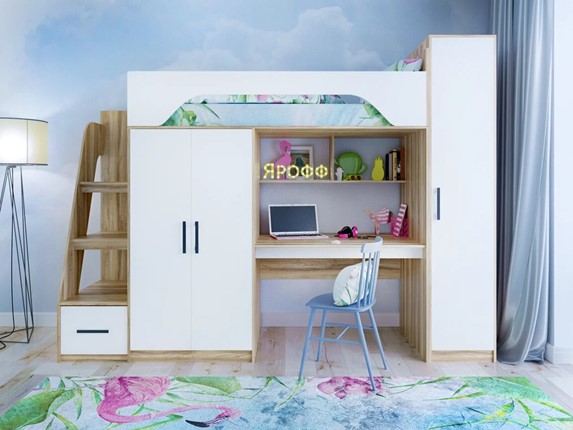 Детская кровать-чердак с шкафом Тея, каркас Ясень, фасад Белый в Сыктывкаре - изображение
