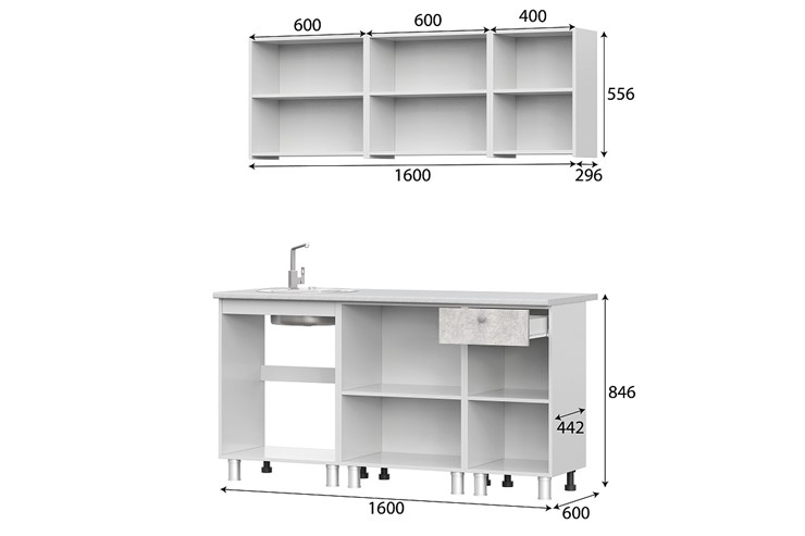 Гарнитур кухонный КГ-1 1600, белый/белый/цемент светлый/антарес в Сыктывкаре - изображение 2