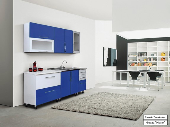 Гарнитур кухонный Мыло 224 2000х718, цвет Синий/Белый металлик в Сыктывкаре - изображение
