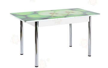 Кухонный стол раскладной Айсберг-01 СТФ, белый/фотопечать зеленые яблоки/ноги хром круглые в Сыктывкаре