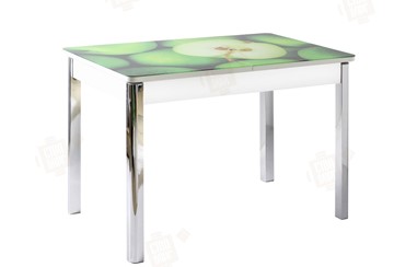 Кухонный раскладной стол Айсберг-01 СТФ, белый/фотопечать зеленые яблоки/ноги хром квадратные в Сыктывкаре