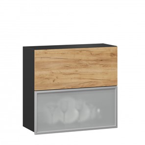 Навесной кухонный шкаф 800 горизонтальный, Шервуд, ЛД 281.981.000.049, со стеклом, черный/дуб золотой в Сыктывкаре